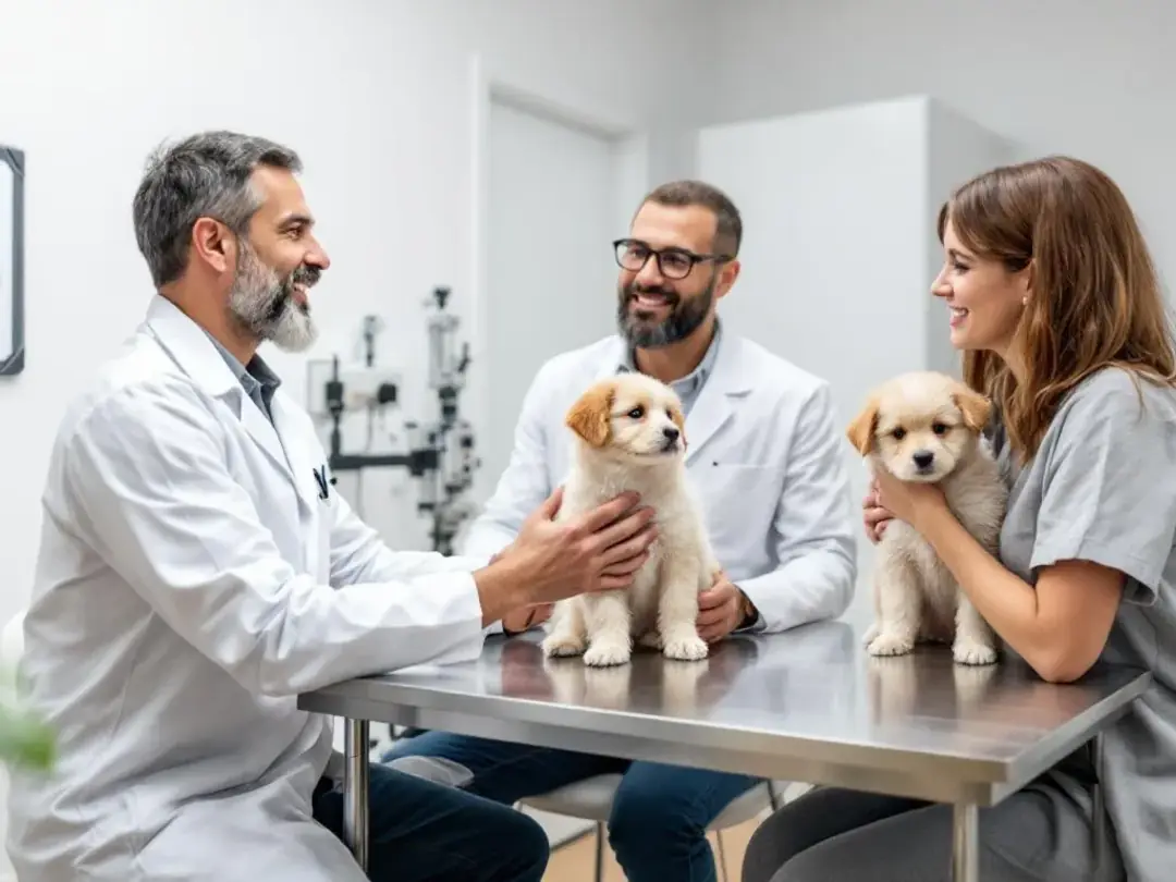 A veterinarian is discussing a puppy deworming schedule with a pet owner who is holding a small puppy, emphasizing the...