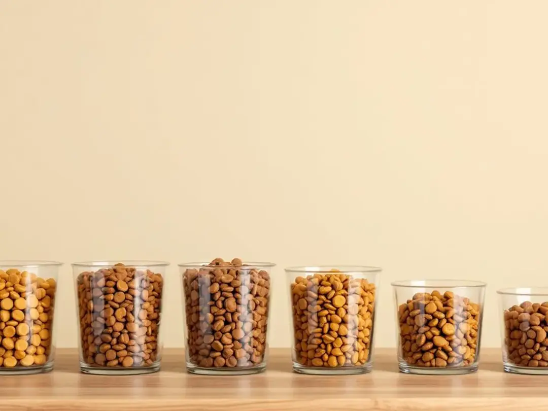 The image shows an array of measuring cups in different sizes, each filled with varying amounts of puppy food...