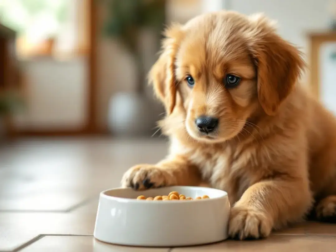 A healthy puppy is happily eating from a food bowl during its scheduled feeding time, enjoying a balanced puppy food...