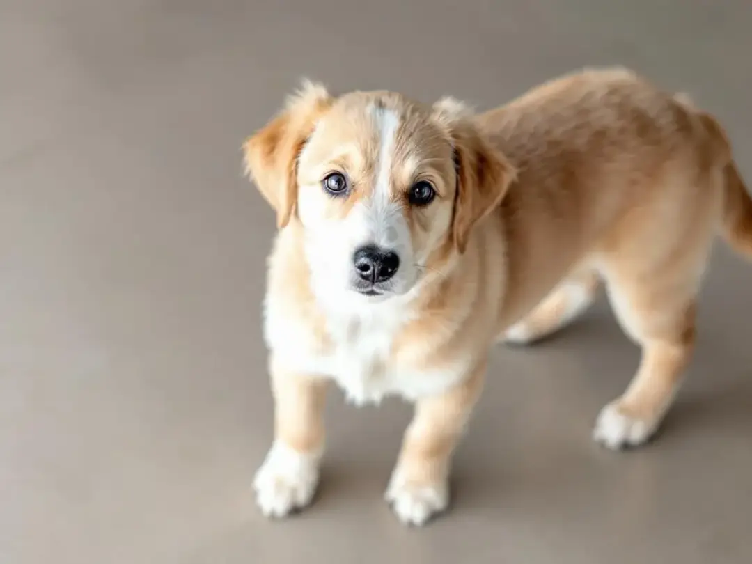 A healthy puppy is depicted from above, showcasing an ideal body condition with a visible waist, indicating proper...