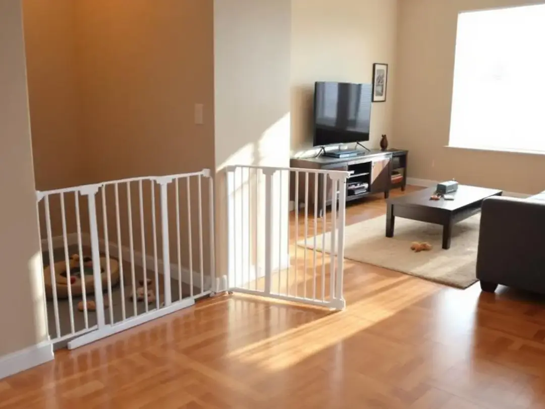 The image shows a small apartment living room with baby gates creating a safe puppy zone, ensuring that the curious...