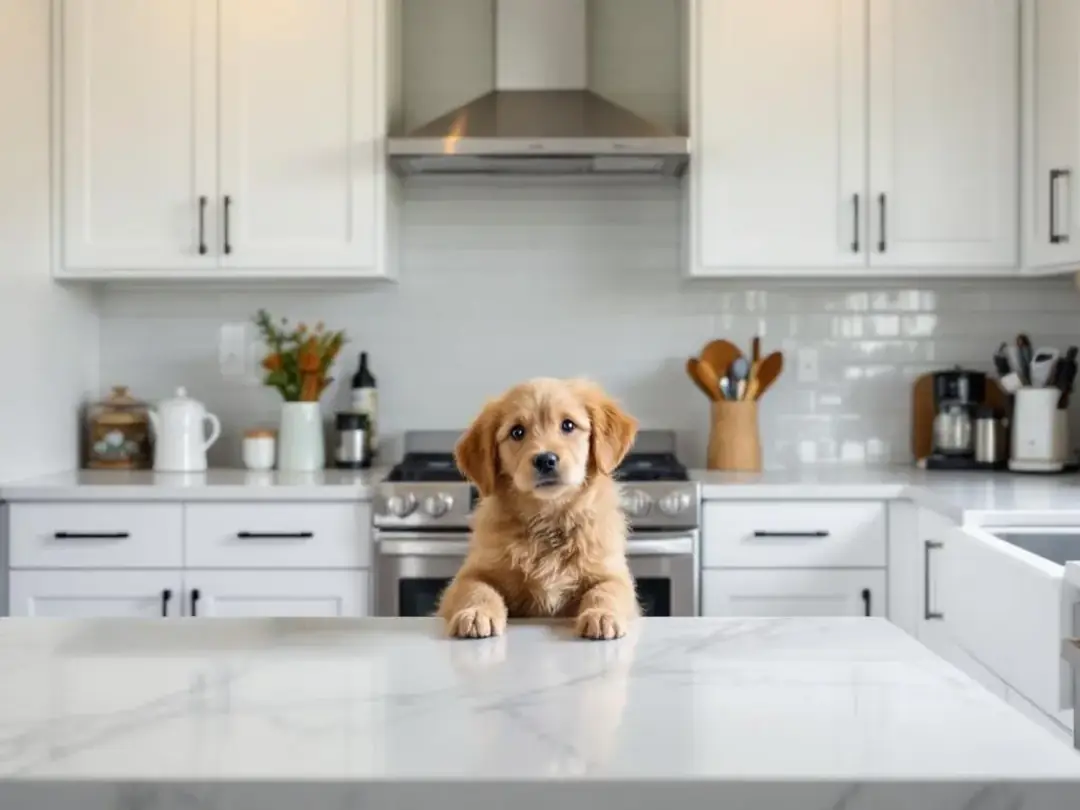 The image depicts a puppy-proofed kitchen featuring childproof locks on cabinets, secured electrical cords, and a...