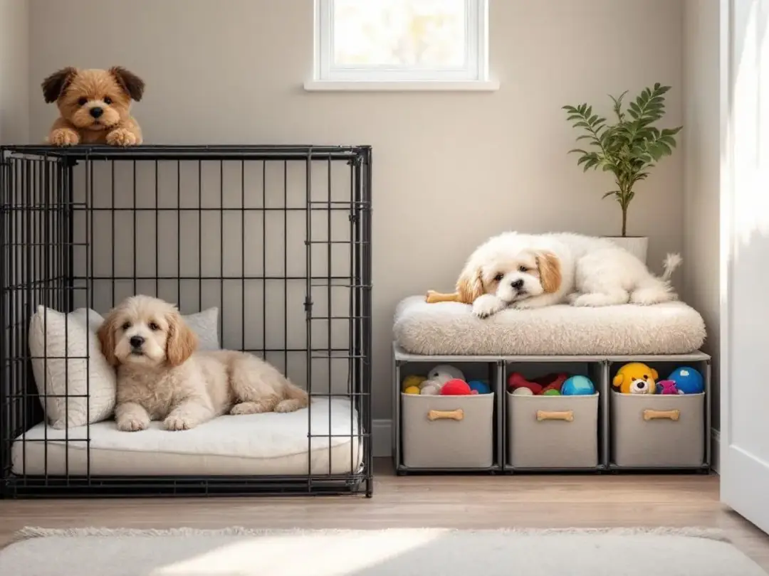 The image depicts a cozy corner of an apartment designed for a new puppy, featuring a comfortable crate and organized...