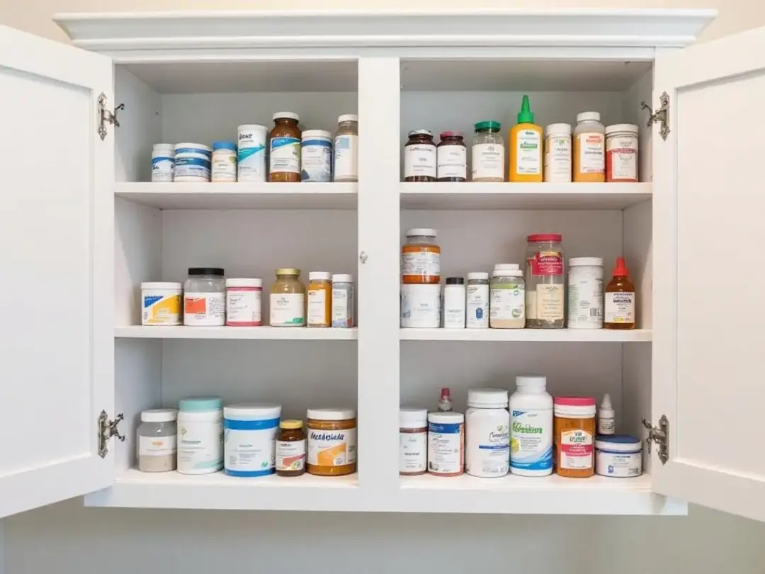 The image shows an organized bathroom cabinet featuring childproof latches, ensuring that medications and potential...