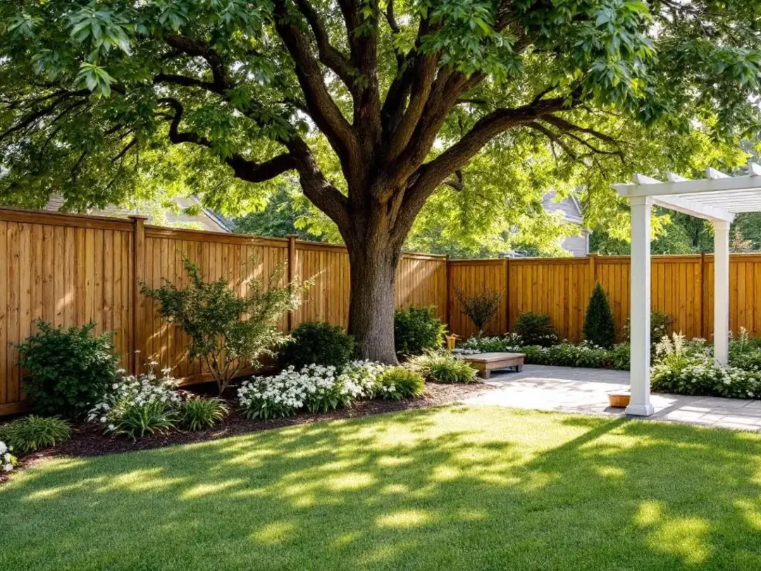 The image depicts a securely fenced backyard designed for a curious puppy, featuring puppy-safe plants and shaded areas...