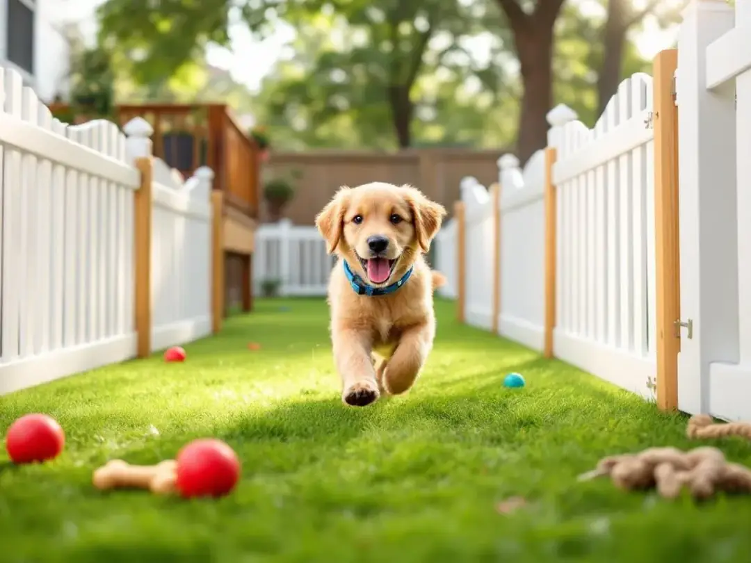 A curious puppy is happily playing inside a fenced exercise pen, surrounded by safe chew toys, ensuring a puppy-proof...