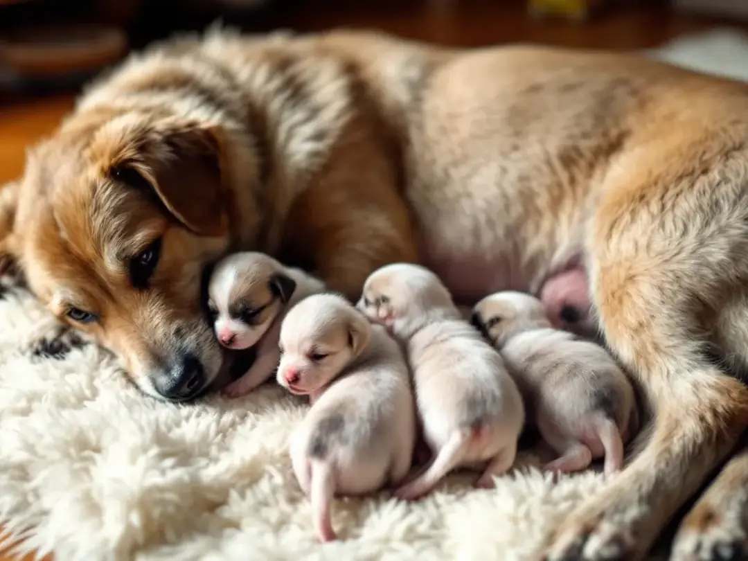 A litter of very young puppies is nursing from their mother in a clean and comfortable environment, highlighting the...