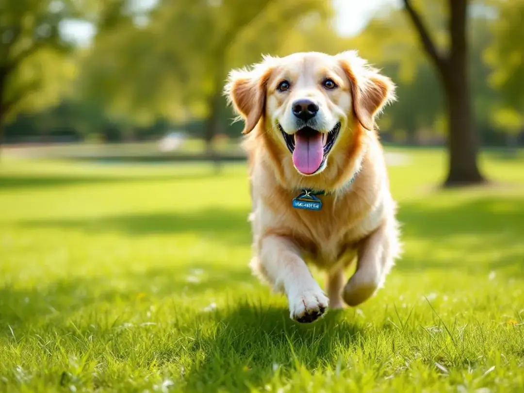 A healthy adult golden retriever joyfully plays in a sunny park, highlighting the importance of a proper adult dog...