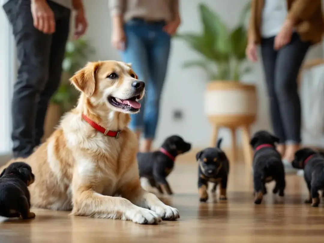 A mother dog is peacefully interacting with visitors in a clean home environment while her playful puppies explore...