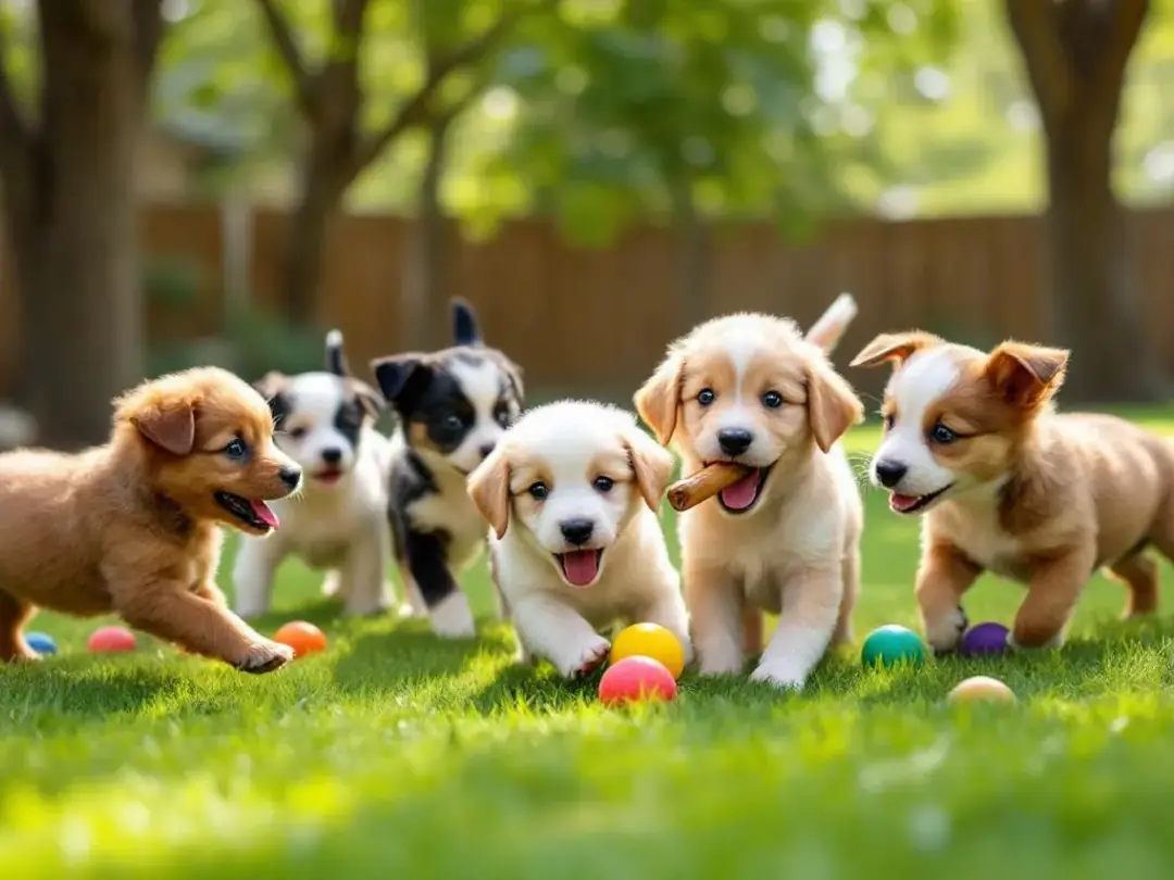 In a safe and supervised environment, a group of young puppies joyfully plays together with colorful toys, showcasing...