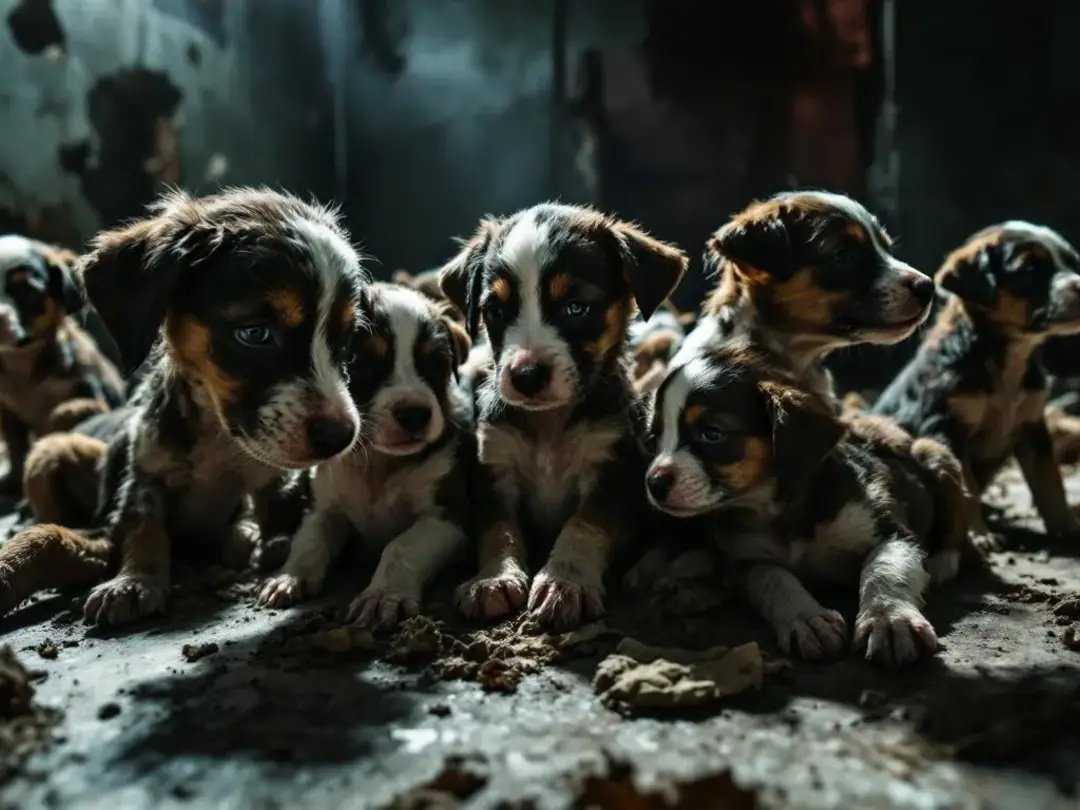 In the image, several puppies are seen in cramped and unsanitary conditions, lacking proper care and socialization...