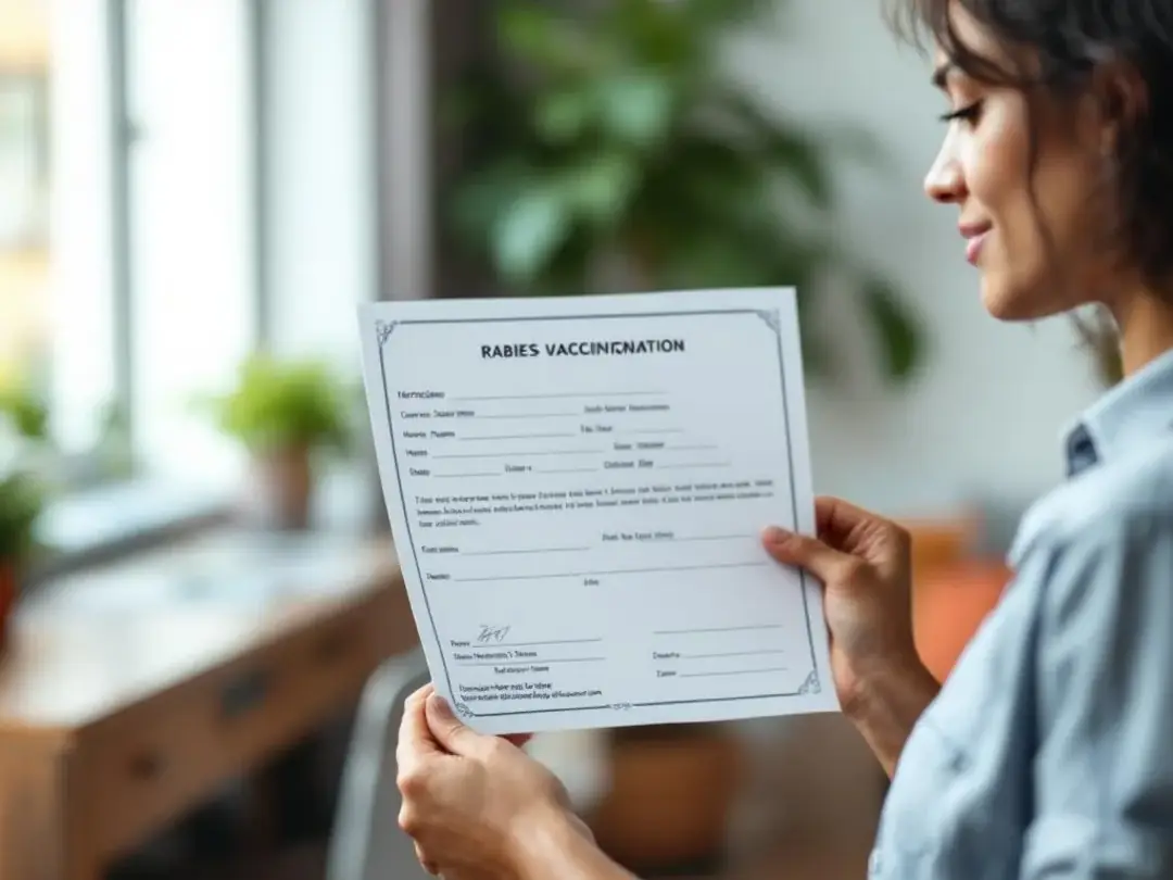 The image shows a dog owner carefully reviewing a rabies vaccination certificate, which displays vaccination dates and...