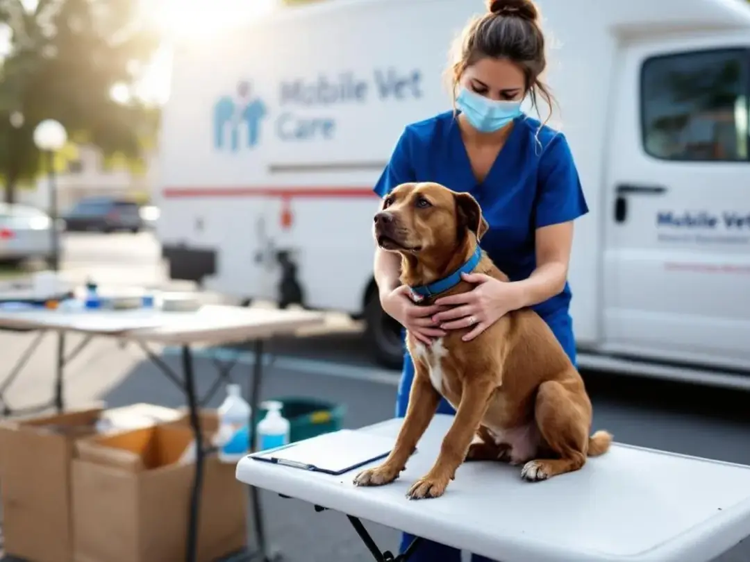 A dog is receiving its initial rabies vaccine at a low-cost mobile clinic, surrounded by veterinary staff who are...