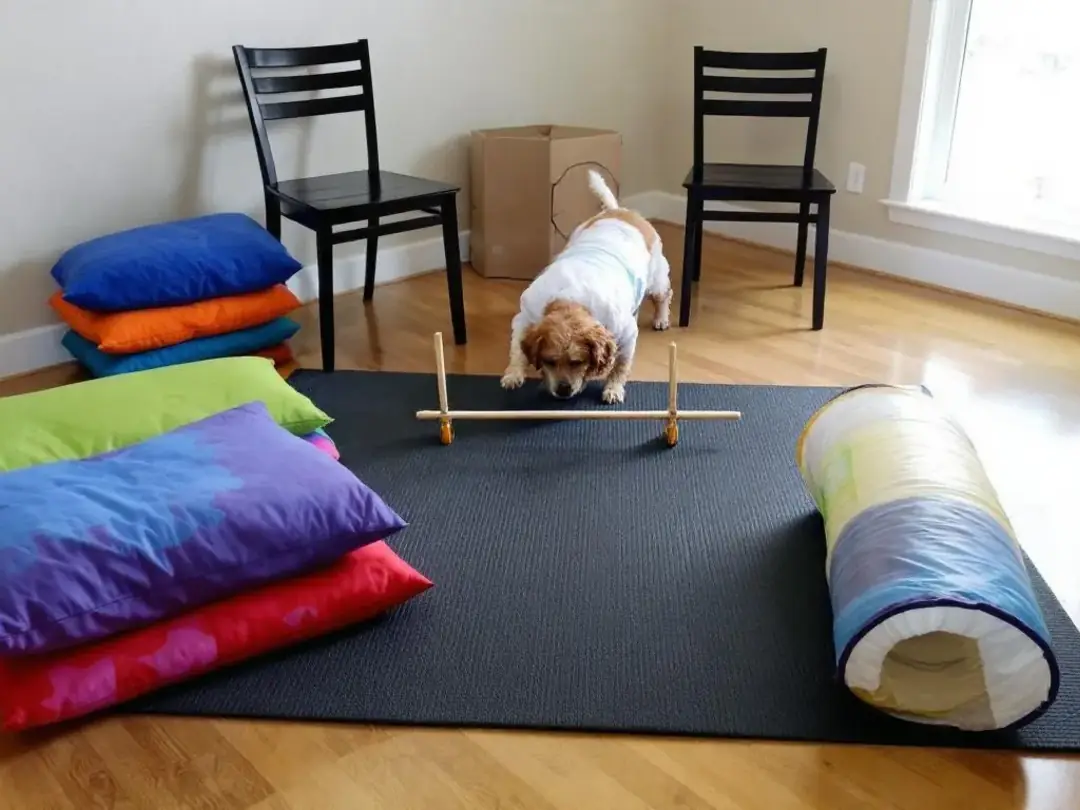 The image shows a homemade indoor agility course designed for dogs, featuring cushions, cardboard boxes, and various...