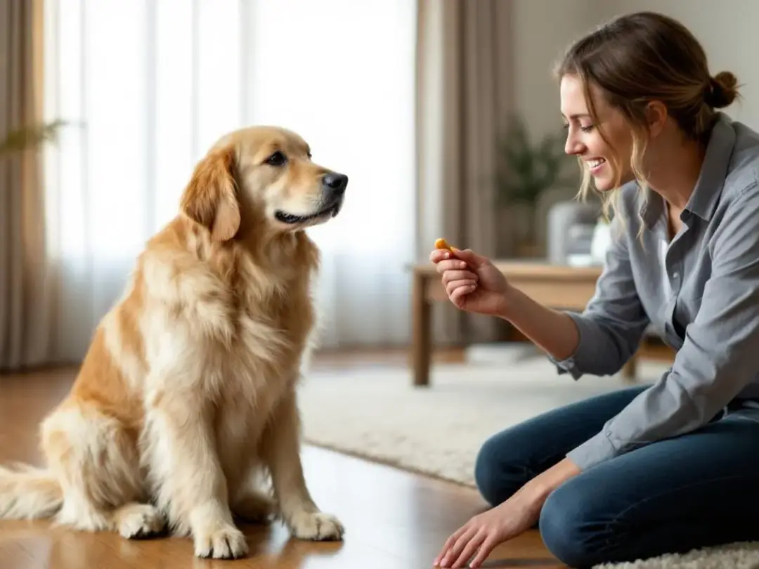 A dog is enthusiastically learning new tricks indoors with its owner, who is providing yummy treats as positive...
