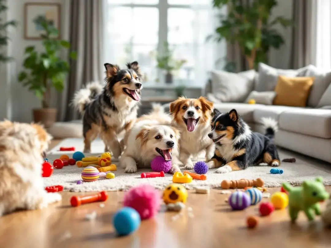A spacious living room filled with multiple dogs happily playing together, surrounded by an assortment of toys...