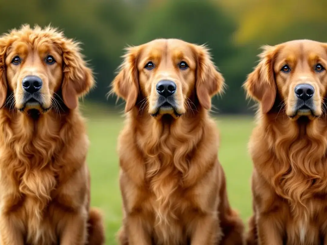 In this image, three red Goldendoodles are displayed side by side, each showcasing a different coat texture: one has a...