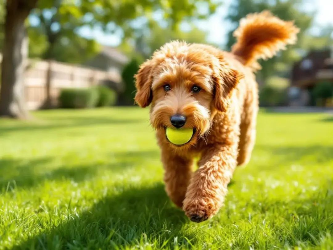 A playful red goldendoodle puppy is joyfully fetching a tennis ball in a spacious backyard, showcasing its curly coat...
