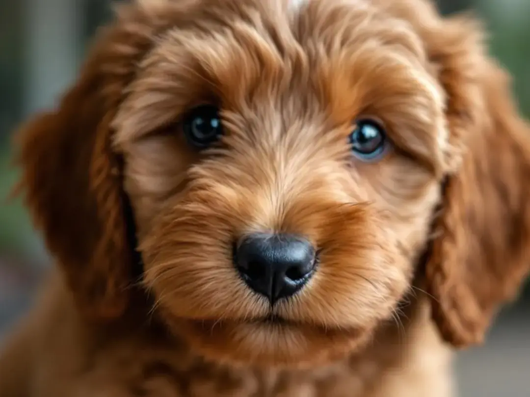 A close-up of a red Goldendoodle puppy's face reveals its dark, expressive eyes and a black nose, showcasing its soft...