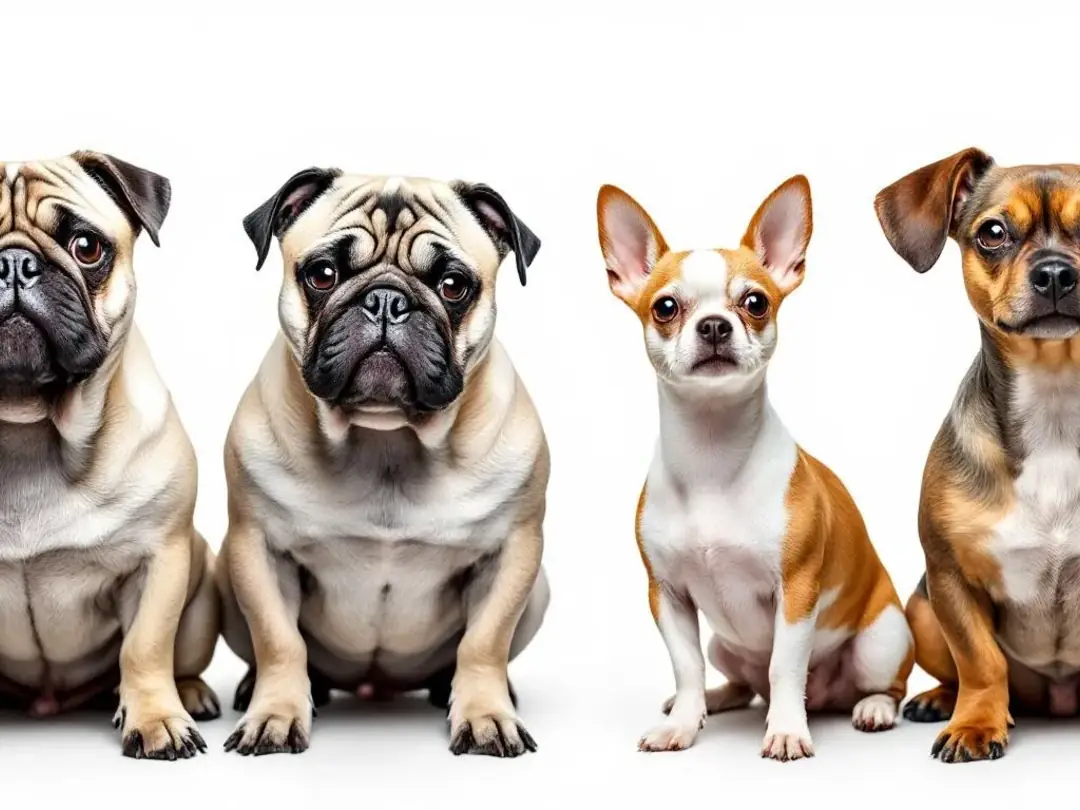 The image showcases a comparison of various dog breeds, highlighting both brachycephalic and small breed...