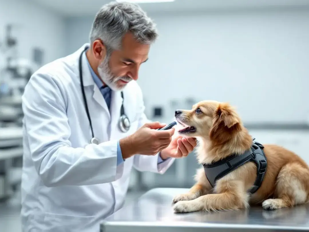 A veterinarian is closely examining a small dog's throat and nasal area during a consultation, checking for signs of...