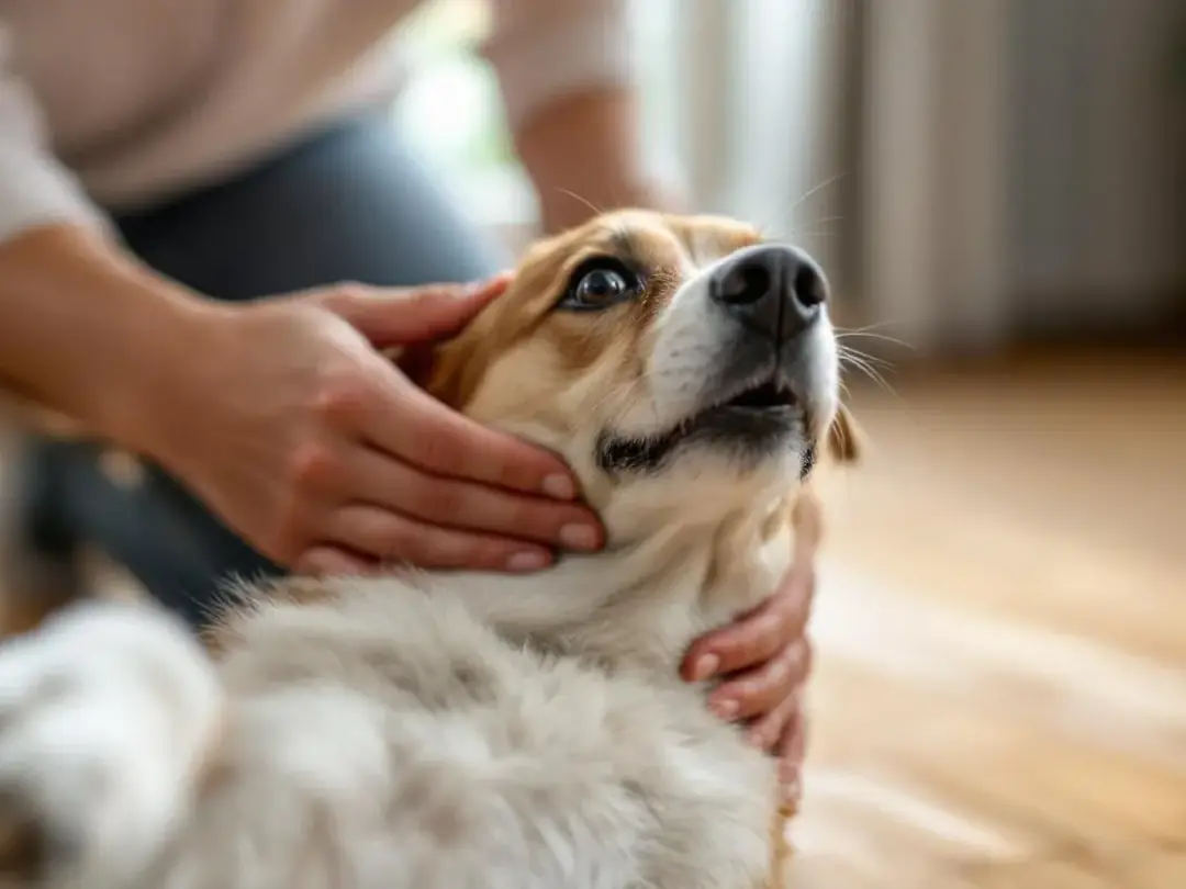 A dog owner is gently massaging their pet's throat during an episode of reverse sneezing, characterized by the dog...