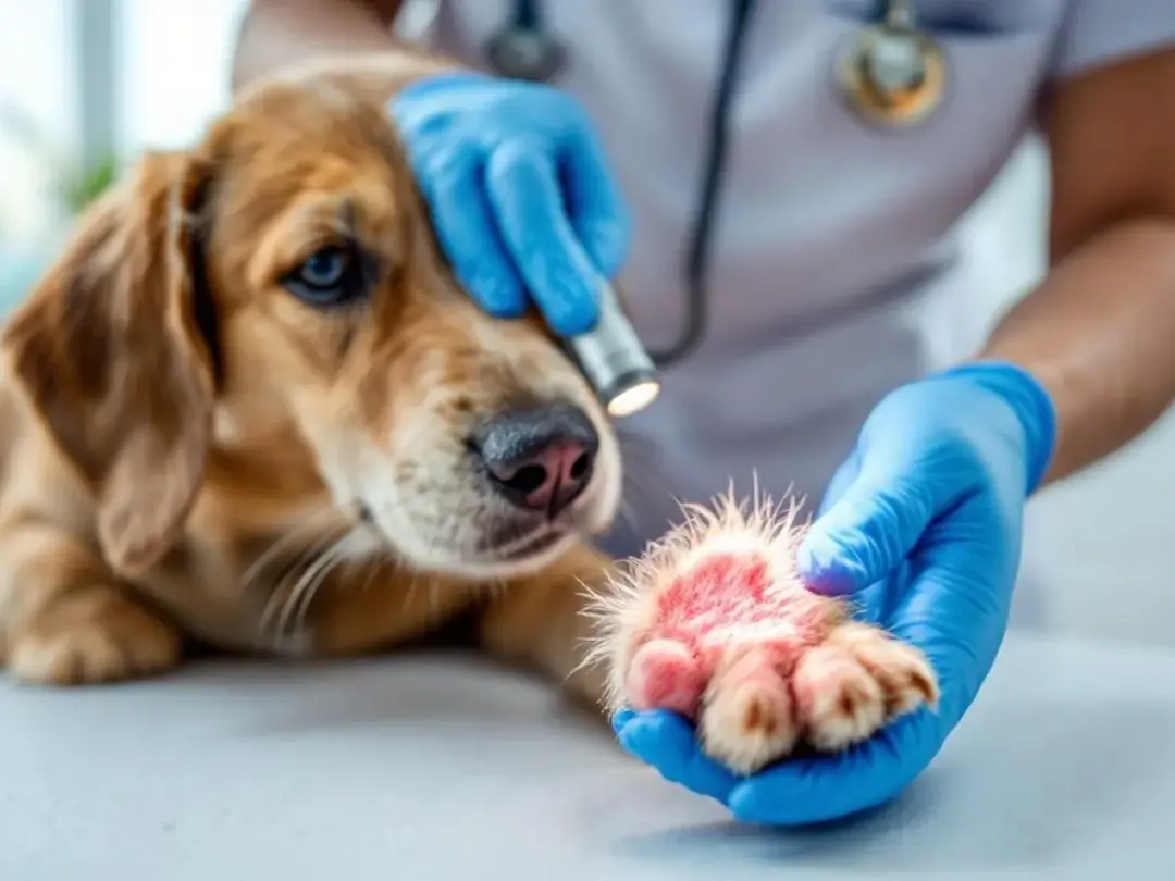 A veterinarian wearing disposable gloves is examining a dog's paw that shows signs of a ringworm infection...