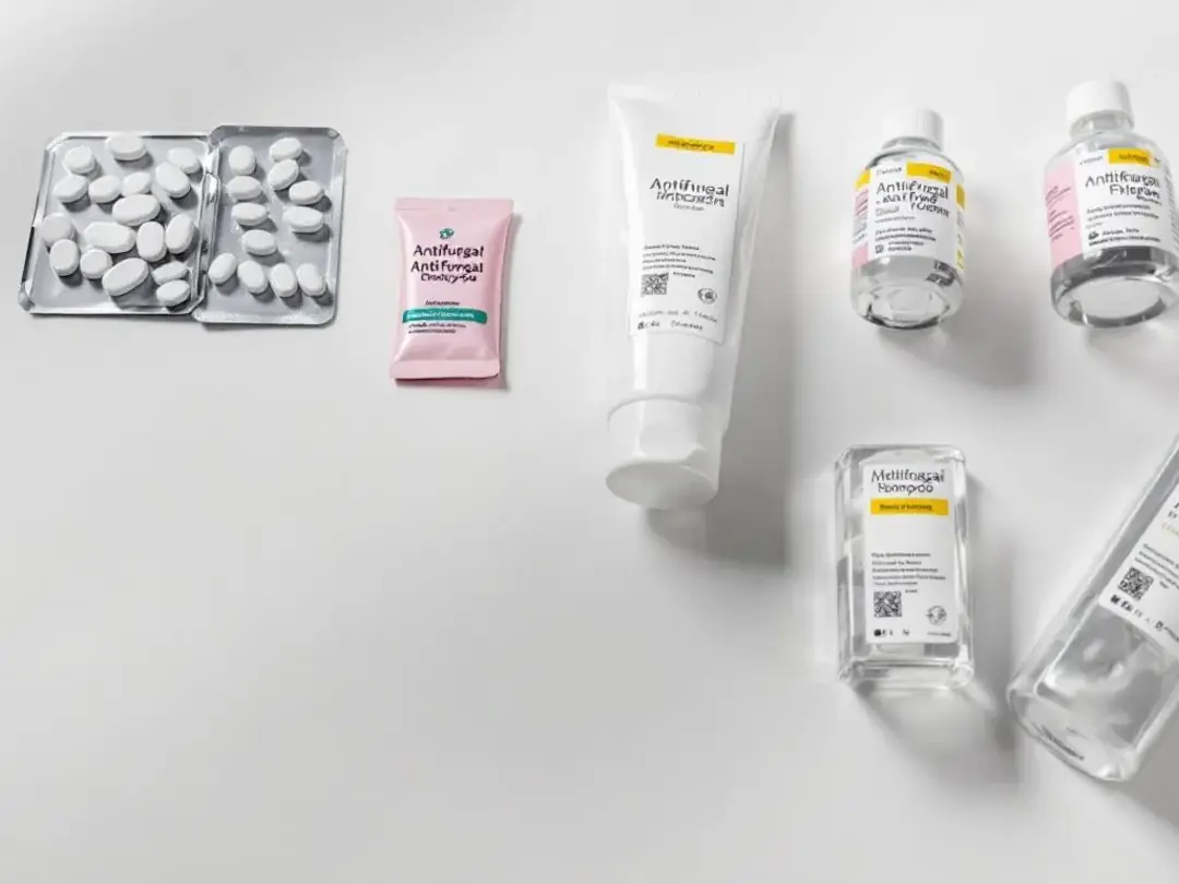The image displays a variety of antifungal medications, including oral tablets, topical creams, and medicated shampoo...