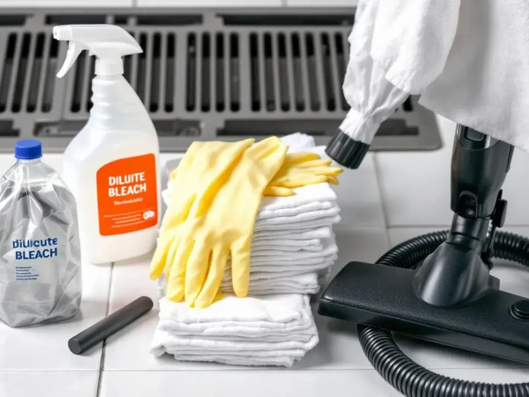 The image displays an assortment of cleaning supplies, including dilute bleach spray bottles, disposable gloves, a...