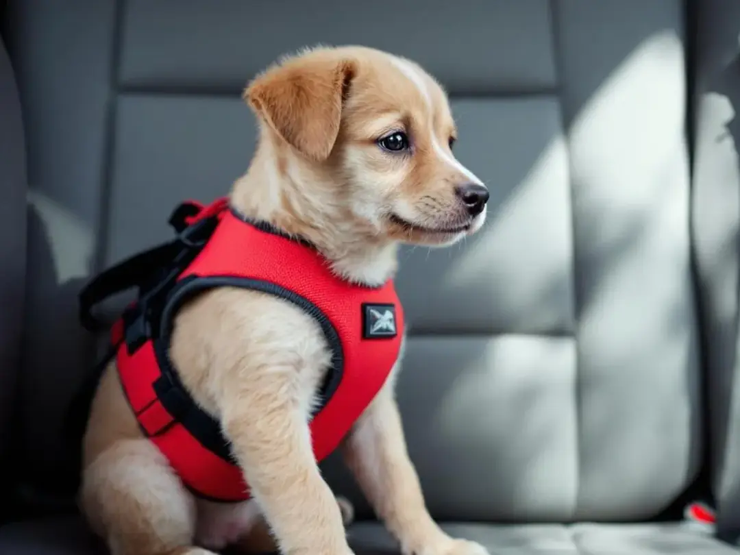 A puppy is safely secured in a crash-tested car harness in the back seat, ready for a road trip adventure. The scene...