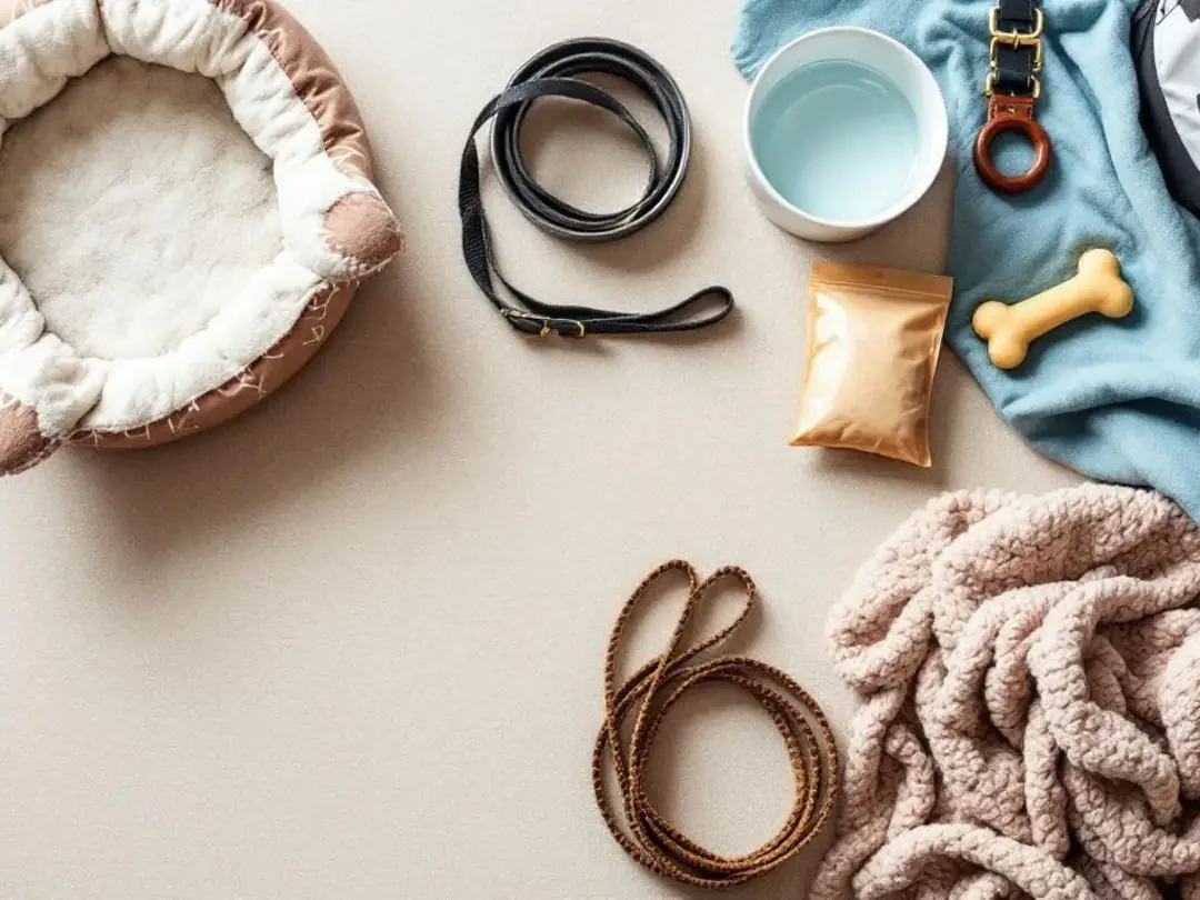 The image shows a variety of travel supplies and comfort items neatly laid out for a puppy road trip, including a dog's...