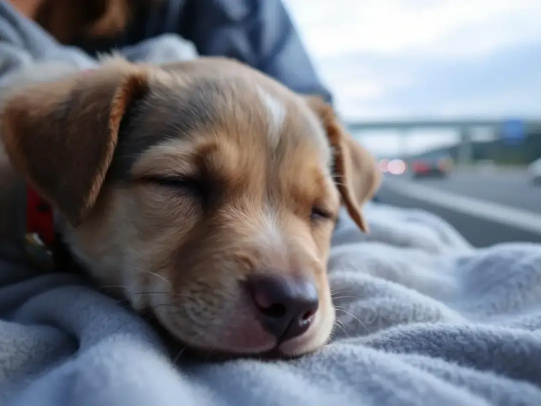 A puppy is taking a well-deserved rest stop during a road trip, lying comfortably on a blanket in the grass while...