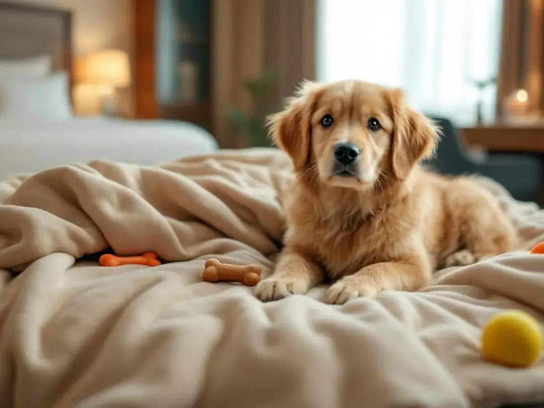 The image shows a cozy hotel room setup for a puppy, featuring familiar blankets, toys, and a dog's collar, creating a...