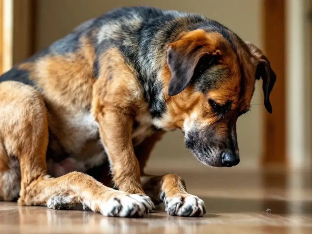 A dog is sitting with a pained expression, showing signs of discomfort in its hind end, possibly due to anal gland...