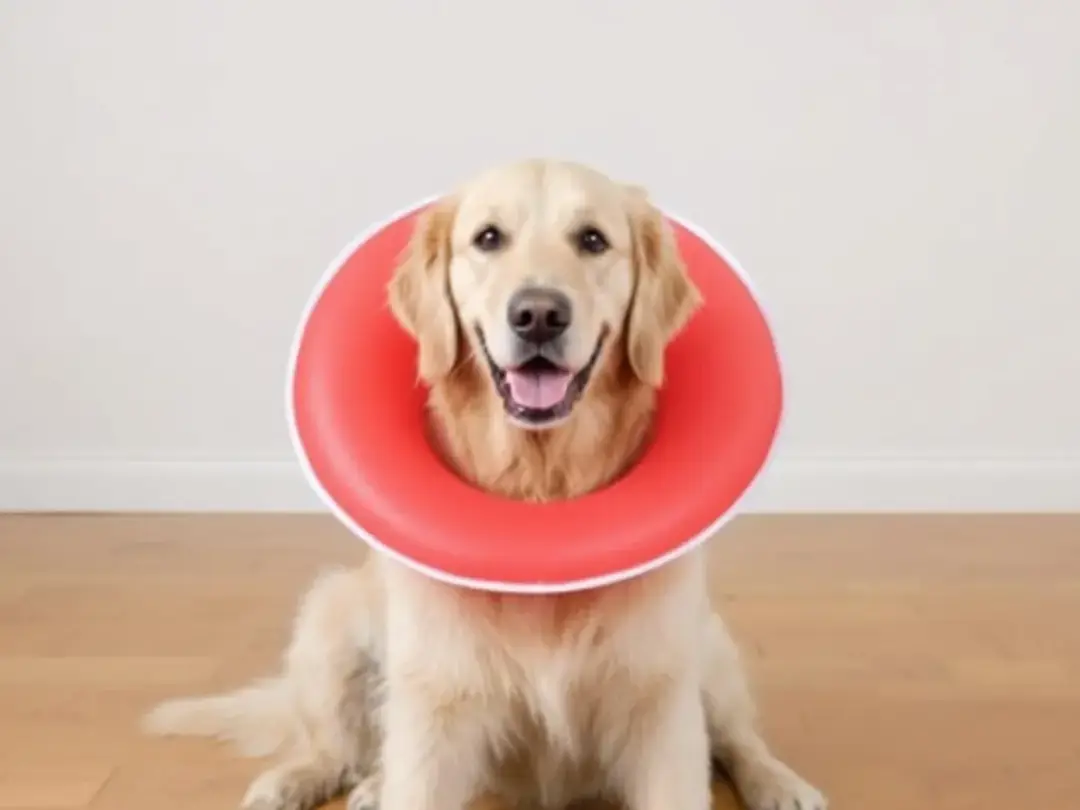 A dog is wearing a protective collar, commonly known as a buster collar, to prevent it from licking its hind end, which...