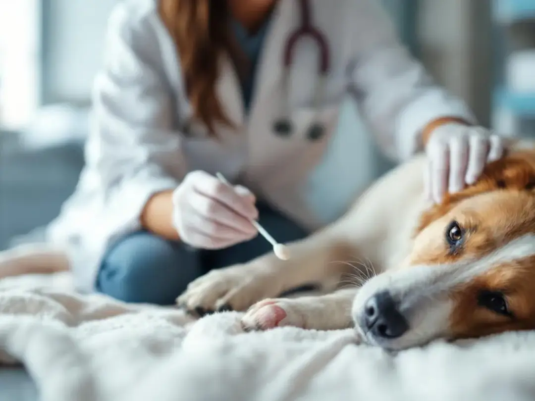An owner is gently cleaning their dog's open wound with a veterinary-approved solution, focusing on the anal area where...