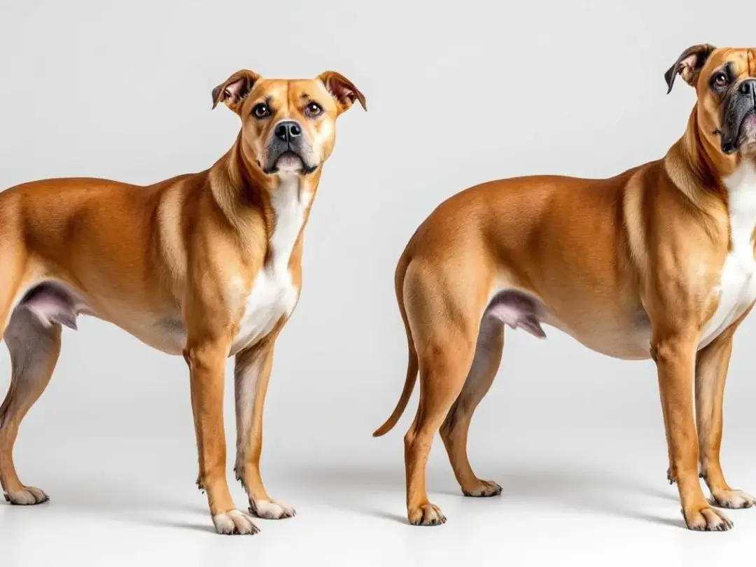 In the image, a healthy weight dog stands confidently next to an overweight dog, highlighting the differences in their...