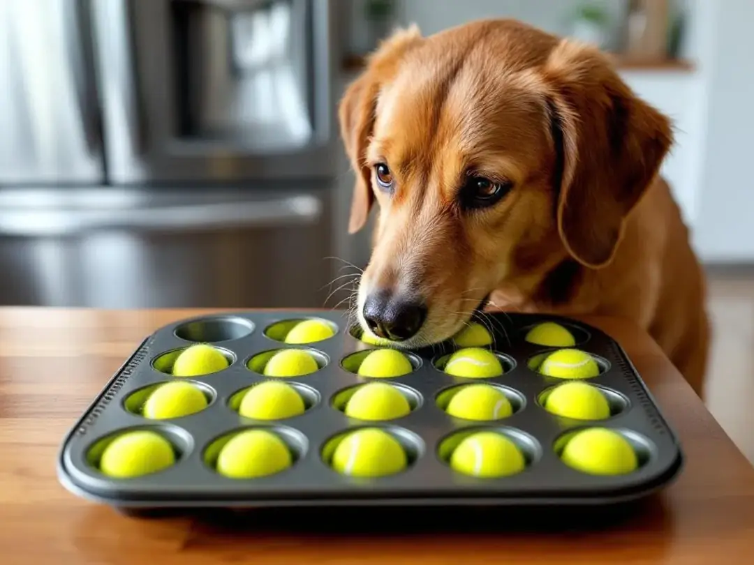 A dog is using its powerful sense of smell to investigate a muffin tin filled with tennis balls, searching for hidden...