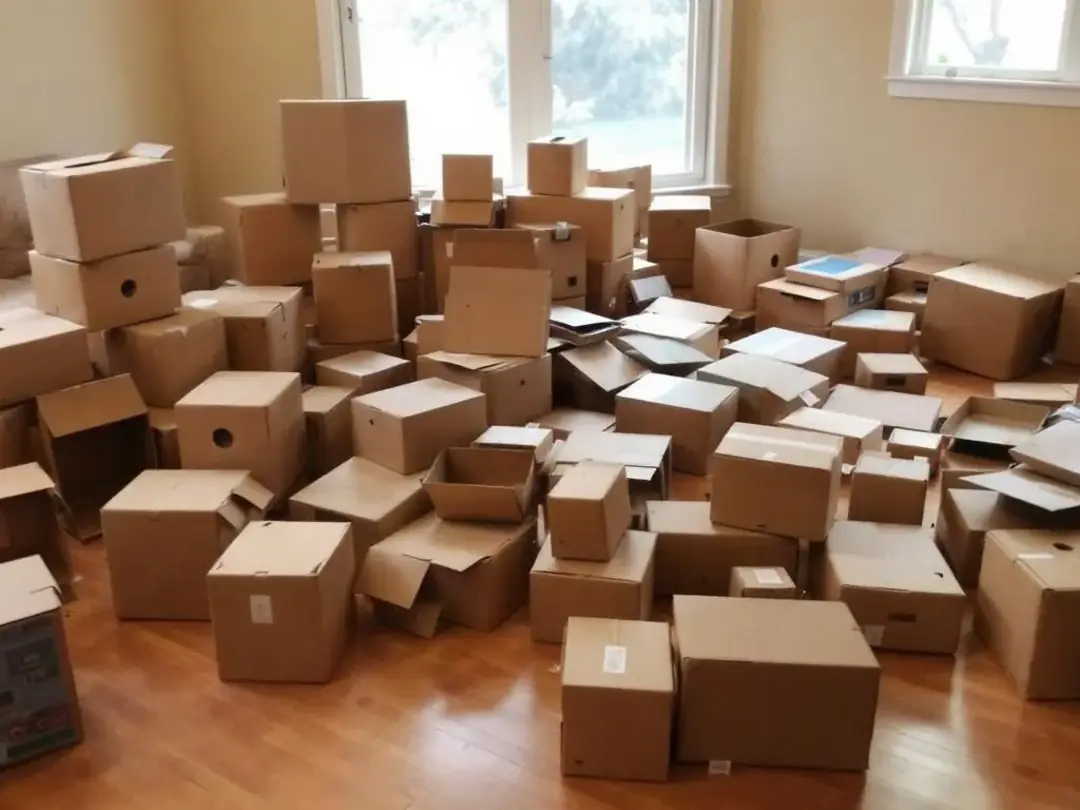 The image shows multiple cardboard boxes of various sizes scattered across a living room floor, set up for a scent game...
