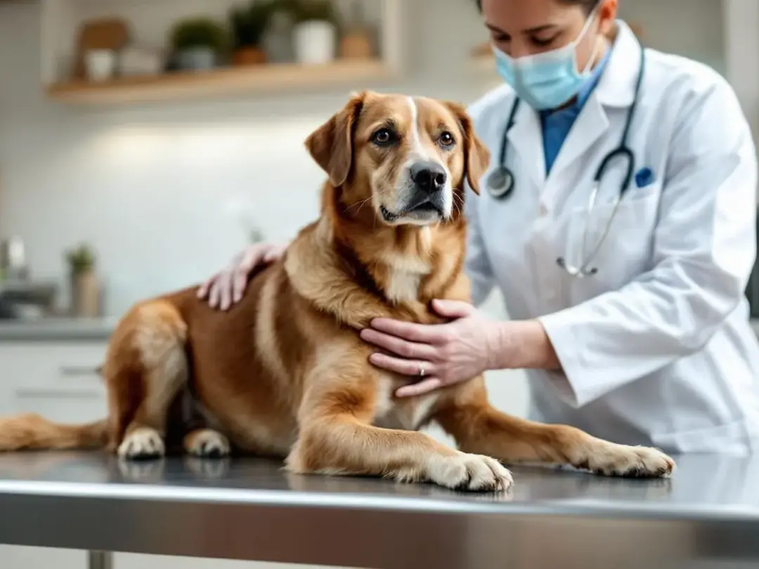 A veterinarian is gently examining a healthy dog during a routine check-up, ensuring its coat and skin condition are...
