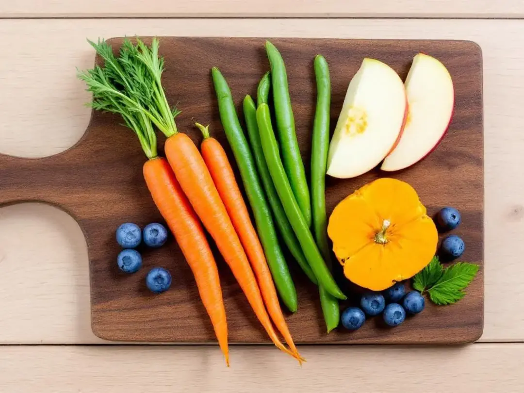A cutting board is filled with a colorful assortment of dog-safe fruits and vegetables, including slices of apple...