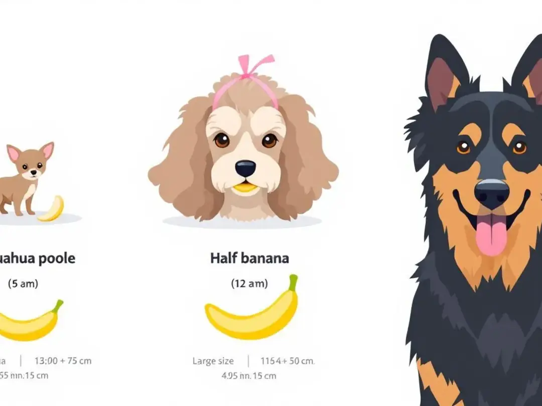A visual guide displays banana portions suitable for various dog sizes, ranging from tiny chihuahuas to large German...
