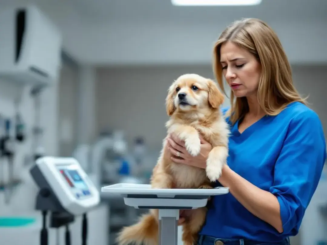 A concerned dog owner is checking their pet's weight on a veterinary scale, ensuring their dog's health and diet are...