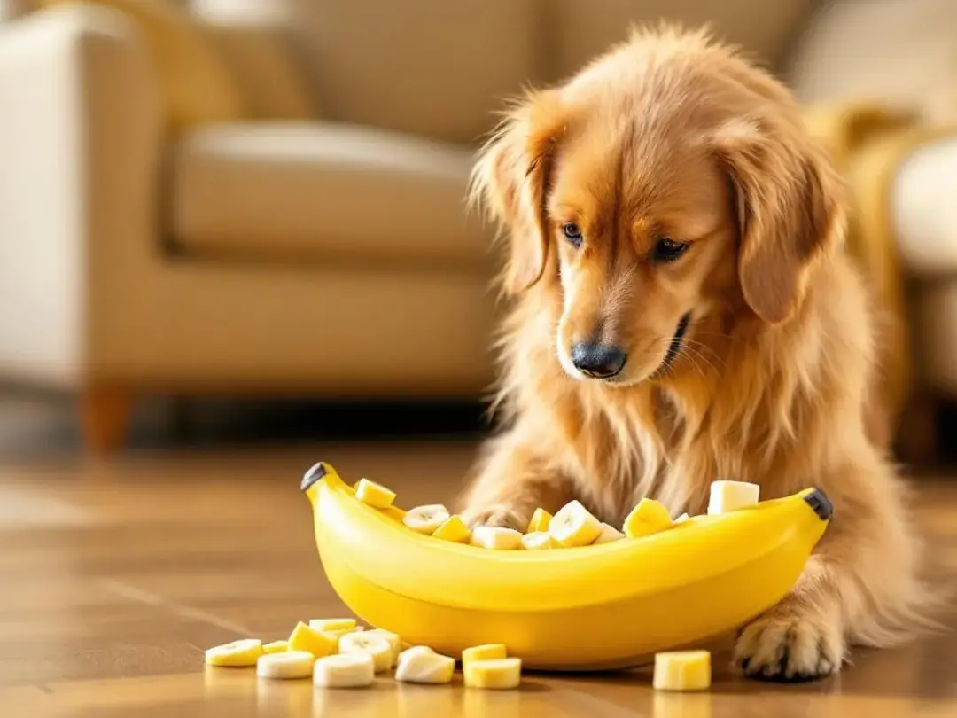 A happy dog is enjoying frozen banana pieces from a puzzle toy, showcasing a playful moment while indulging in this...