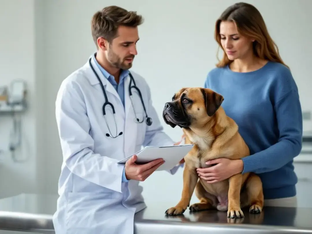 A veterinarian is examining a concerned dog while the owner looks on, highlighting the importance of regular check-ups...