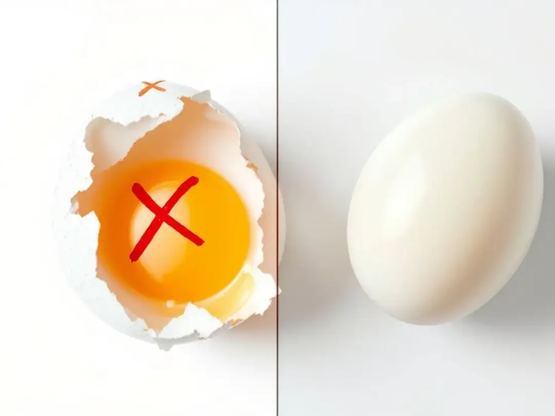 The image features a side-by-side comparison of raw eggs, which are marked with a warning symbol indicating potential...