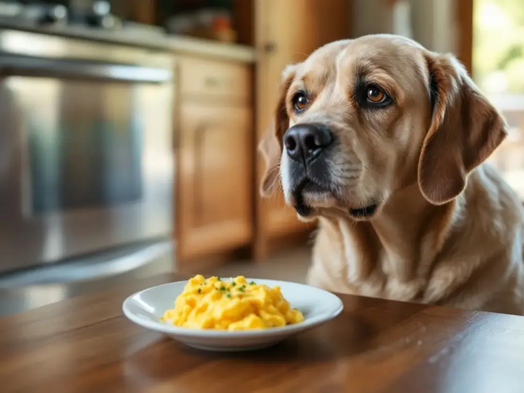 A senior dog happily enjoys a small portion of scrambled eggs, a tasty and nutritious treat that can be beneficial for...