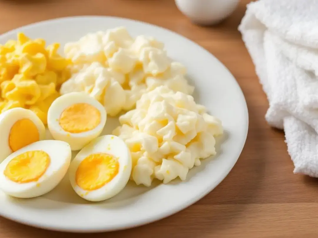 In the image, various types of eggs prepared for dogs are displayed, including hard-boiled eggs, scrambled eggs, and...