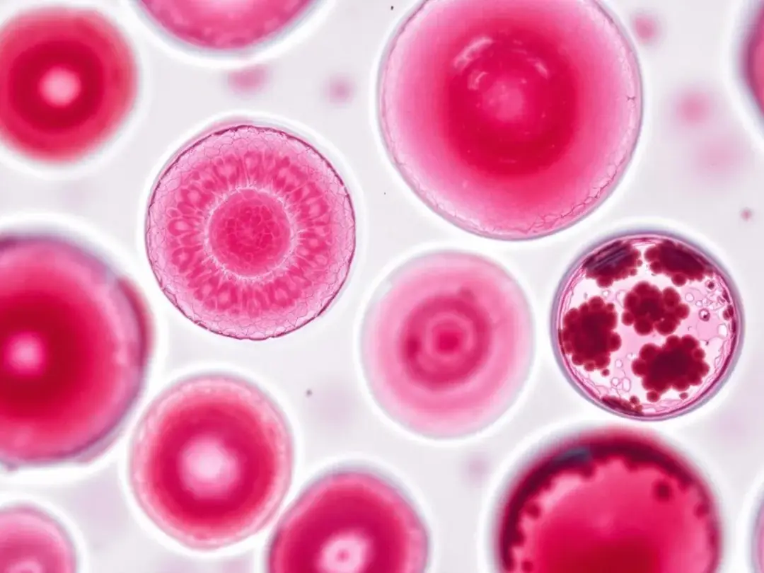 In this microscopic view, healthy red blood cells are contrasted with damaged cells exhibiting Heinz bodies, which...