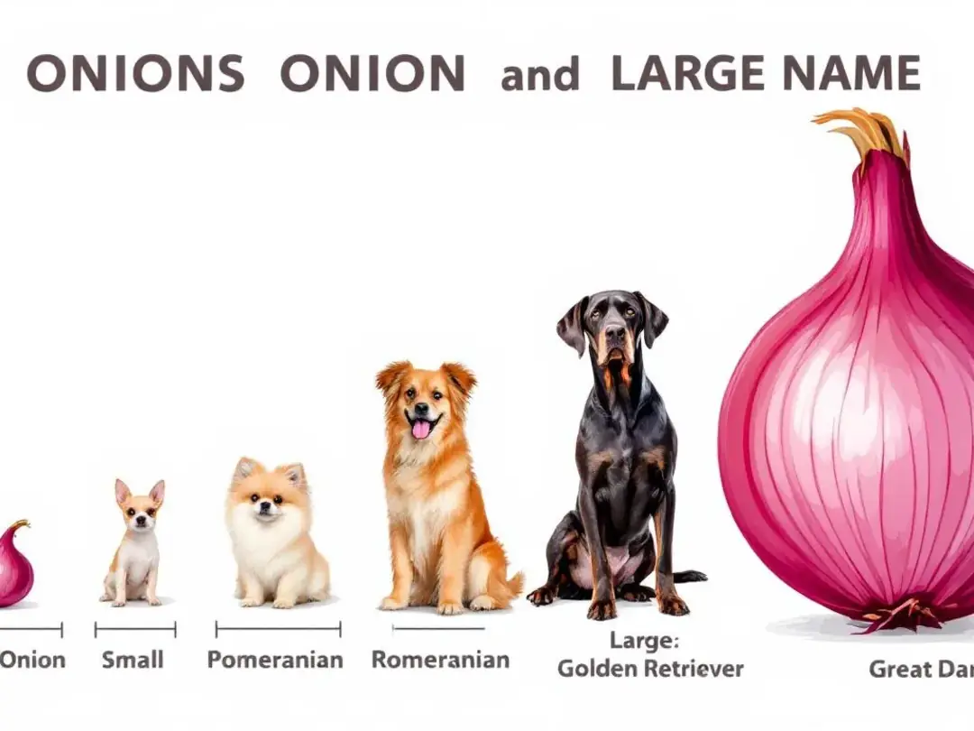 A comparison chart displays various sized onions alongside different dog breeds for scale, highlighting the potential...